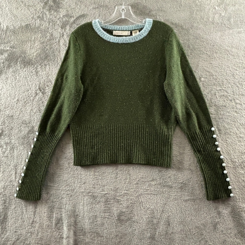 Anthropologie Sleeping on Snow Sweater Womens L Green Lambswool Cashmere Button